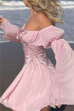 Pink Fashion Sexy Solid Bandage Backless Off the Shoulder Long Sleeve Dress Two Pieces