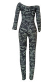 Grey Casual Print Camouflage Print Patchwork Off the Shoulder Skinny Jumpsuits