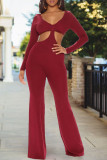 Blue Sexy Solid Hollowed Out Split Joint V Neck Regular Jumpsuits