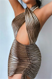 Brown Fashion Sexy Print Hollowed Out Backless Halter Sleeveless Dress