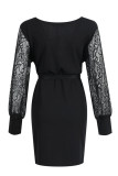 Black Fashion Street Solid Patchwork V Neck Pencil Skirt Dresses