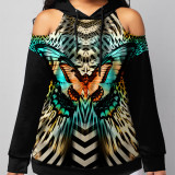 Colour Casual Street Print Patchwork Without Belt Hooded Collar Tops