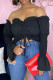Black Sexy Solid Patchwork Frenulum Fold Asymmetrical Off the Shoulder Tops