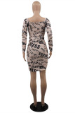 Multicolor Fashion Sexy Letter Print Hollowed Out V Neck Long Sleeve Dresses