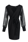 Black Fashion Street Solid Patchwork V Neck Pencil Skirt Dresses