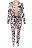 White Casual Print Split Joint Turndown Collar Long Sleeve Two Pieces