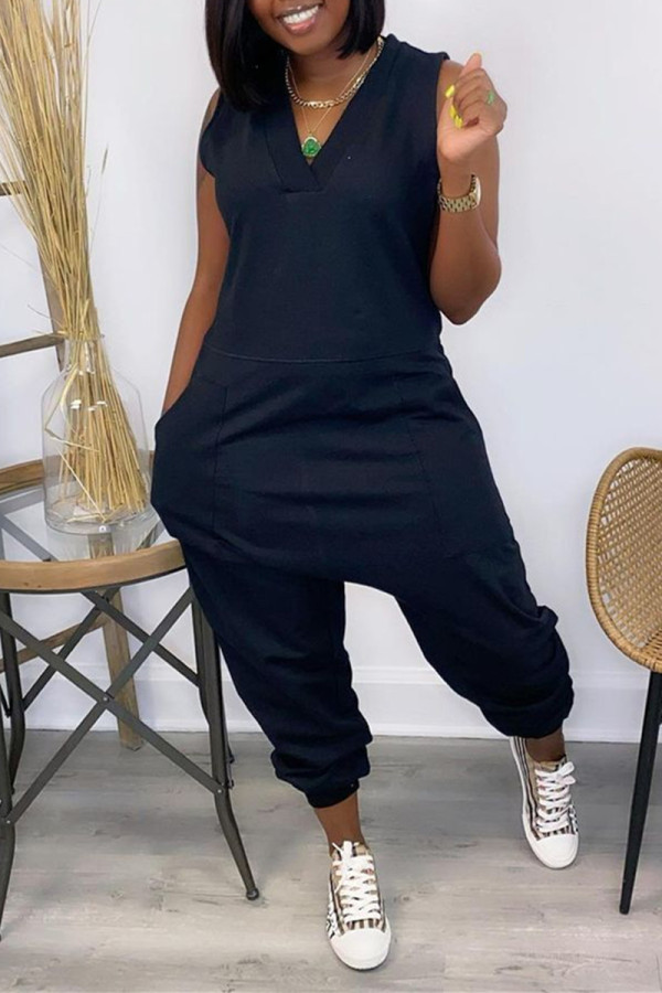 Black Casual Solid Basic V Neck Regular Sleeveless Jumpsuits