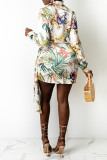 Leaf Print Sexy Print Bandage Patchwork V Neck One Step Skirt Dresses
