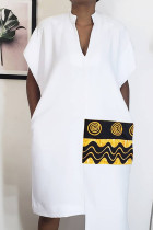 White Casual Print Split Joint Asymmetrical V Neck Straight Dresses