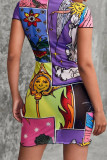 Colour Fashion Casual Print Basic Turtleneck Short Sleeve Dress
