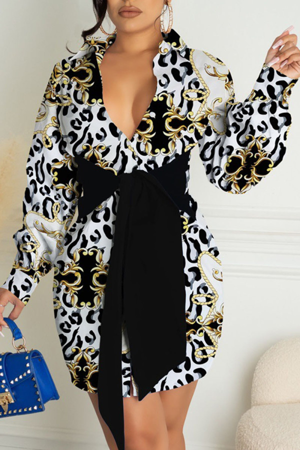 Black Fashion Street Print Patchwork V Neck A Line Dresses