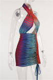 Colour Fashion Sexy Print Hollowed Out Backless Halter Sleeveless Dress