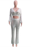Silver Fashion Patchwork Sequins V Neck Long Sleeve Two Pieces