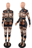 Coffee Sexy Print Patchwork Turndown Collar Long Sleeve Two Pieces