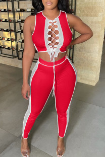Red Sexy Solid Hollowed Out Split Joint Frenulum Asymmetrical O Neck Sleeveless Two Pieces