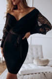 Black Fashion Street Solid Patchwork V Neck Pencil Skirt Dresses