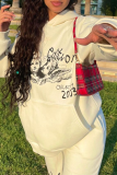 Cream White Casual Print Patchwork Hooded Collar Tops