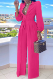 Rose Red Casual Solid Patchwork Turndown Collar Straight Jumpsuits