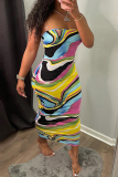 Colour Sexy Print Patchwork Spaghetti Strap Pencil Skirt Dresses
