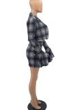 Green Casual Plaid Print Patchwork Turn-back Collar Long Sleeve Three Pieces