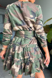 Blue Casual Print Camouflage Print Patchwork Flounce Fold O Neck A Line Dresses
