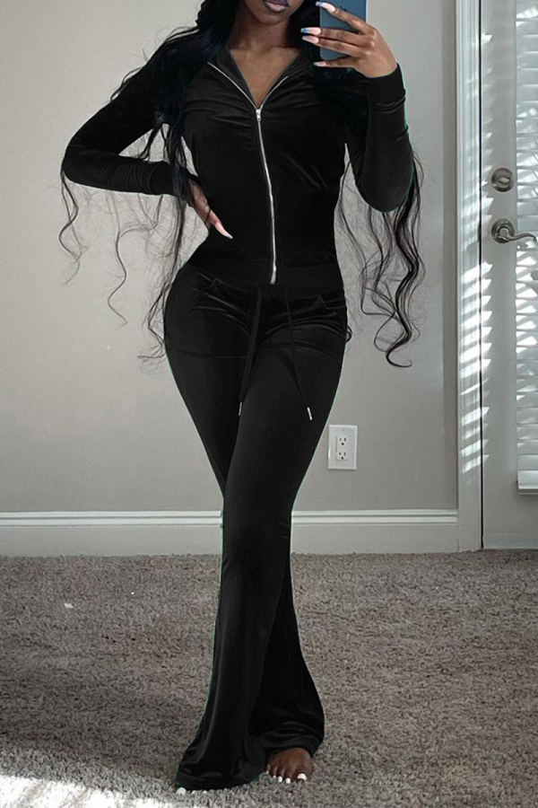 Black Casual Solid Patchwork Hooded Collar Long Sleeve Two Pieces