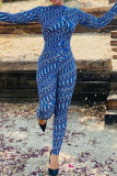 Blue Sexy Print Patchwork O Neck Long Sleeve Two Pieces