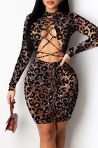 Leopard Print Fashion Sexy Print Bandage Hollowed Out O Neck Long Sleeve Dresses