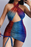 Colour Fashion Sexy Print Hollowed Out Backless Halter Sleeveless Dress