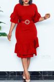 Red Fashion Casual Solid Patchwork O Neck Pencil Skirt Dresses