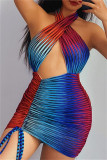 Colour Fashion Sexy Print Hollowed Out Backless Halter Sleeveless Dress
