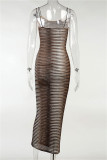 Brown Fashion Sexy Print See-through Backless Spaghetti Strap Long Dress Dresses