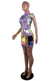 Colour Fashion Casual Print Basic Turtleneck Short Sleeve Dress