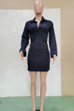 Black Casual Solid Patchwork Turndown Collar Straight Dresses