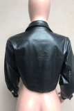 Black Street Solid Patchwork Buckle Turndown Collar Outerwear