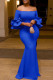 Blue Fashion Celebrities Solid Patchwork Off the Shoulder Pencil Skirt Dresses