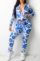 Blue White Fashion Casual Print Split Joint Turndown Collar Long Sleeve Two Pieces