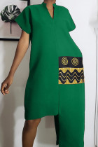 Green Casual Print Split Joint Asymmetrical V Neck Straight Dresses