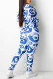 Blue White Fashion Casual Print Split Joint Turndown Collar Long Sleeve Two Pieces