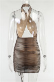 Brown Fashion Sexy Print Hollowed Out Backless Halter Sleeveless Dress