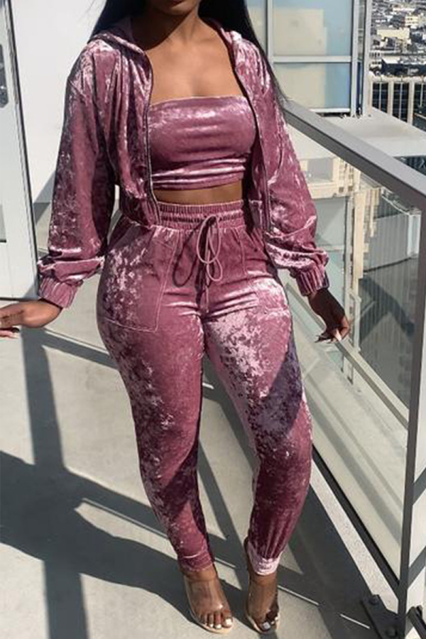 Pink Casual Solid Make Old Zipper Collar Long Sleeve Three Pieces