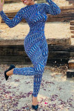 Blue Sexy Print Patchwork O Neck Long Sleeve Two Pieces