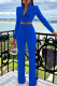 Blue Fashion Street Solid Patchwork Turn-back Collar Long Sleeve Two Pieces