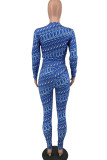 Blue Sexy Print Patchwork O Neck Long Sleeve Two Pieces