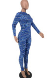 Blue Sexy Print Patchwork O Neck Long Sleeve Two Pieces