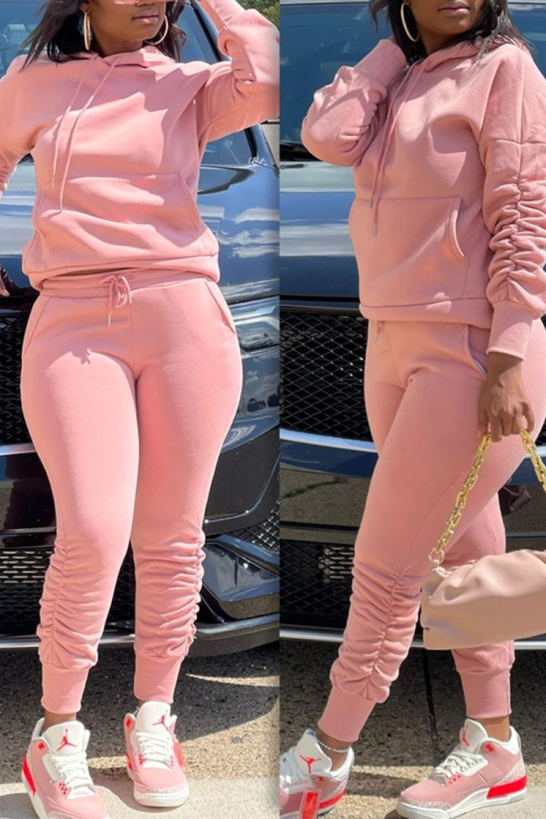 Pink Casual Solid Patchwork Fold Hooded Collar Long Sleeve Two Pieces