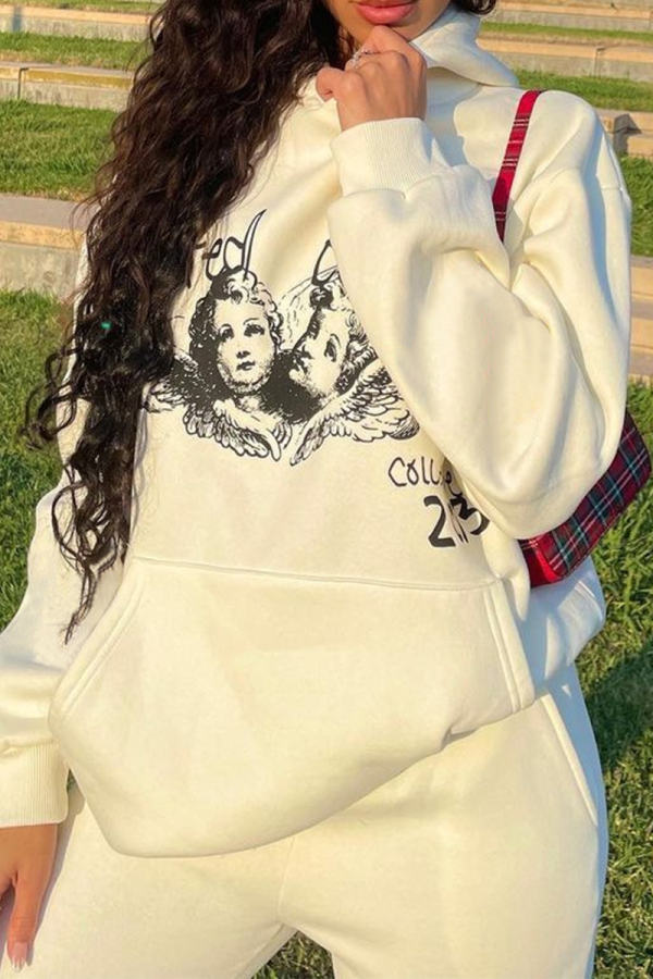 Cream White Casual Print Patchwork Hooded Collar Tops