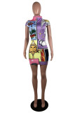 Colour Fashion Casual Print Basic Turtleneck Short Sleeve Dress