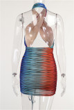 Colour Fashion Sexy Print Hollowed Out Backless Halter Sleeveless Dress