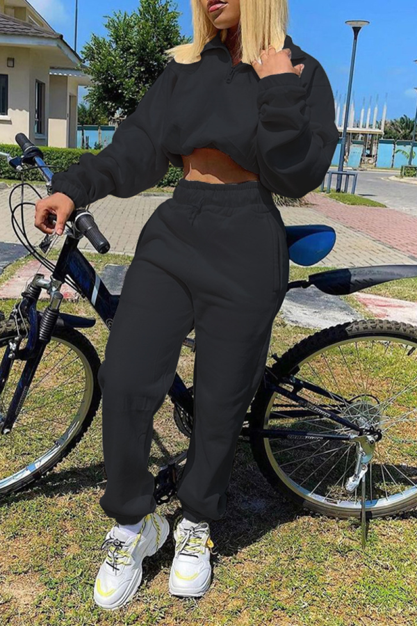 Black Casual Solid Patchwork Turndown Collar Long Sleeve Two Pieces